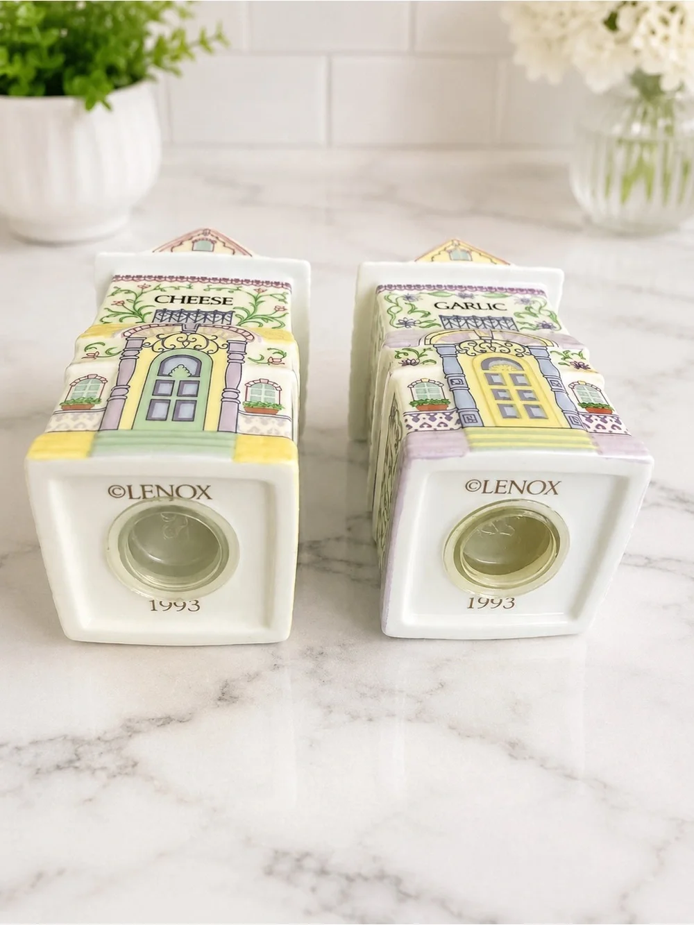Lenox Spice Village Cheese & Garlic Shaker Set with Original Caddy 1993 Vintage
